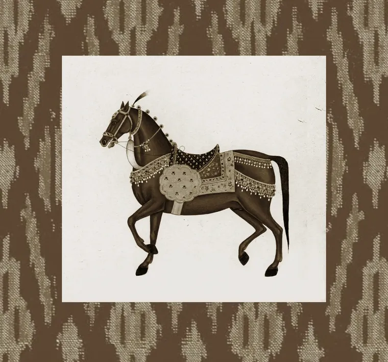 A painted horse in ceremonial saddle, framed in ikat, one of a pair made for the waiting lounge
