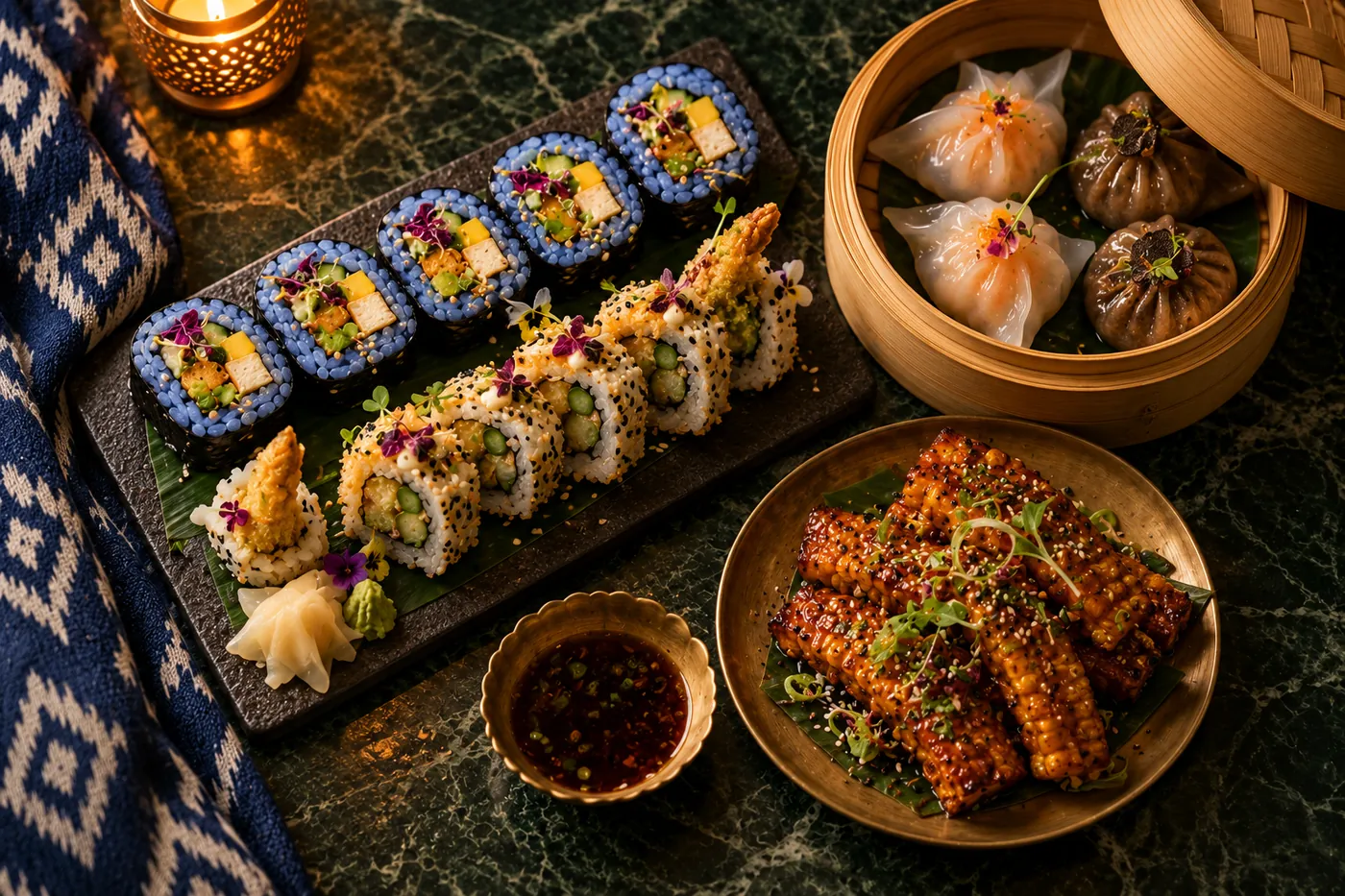 Blue pea tofu maki, asparagus uramaki, crystal dumplings in a bamboo steamer and Korean corn ribs beside an indigo ikat