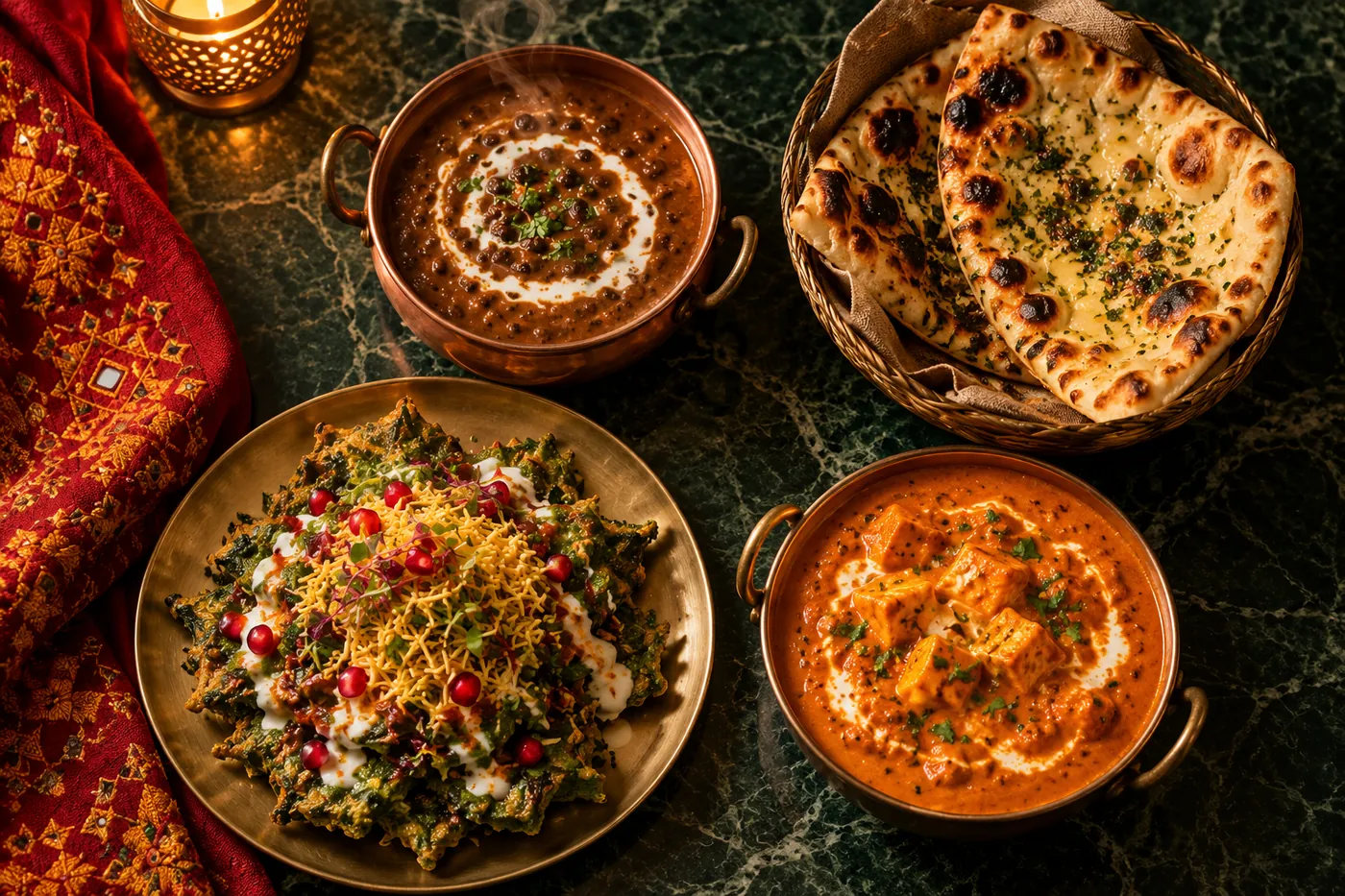 Smoked dal makhani in a copper handi with buttery kulcha, palak patta chaat and paneer butter masala beside a phulkari cloth