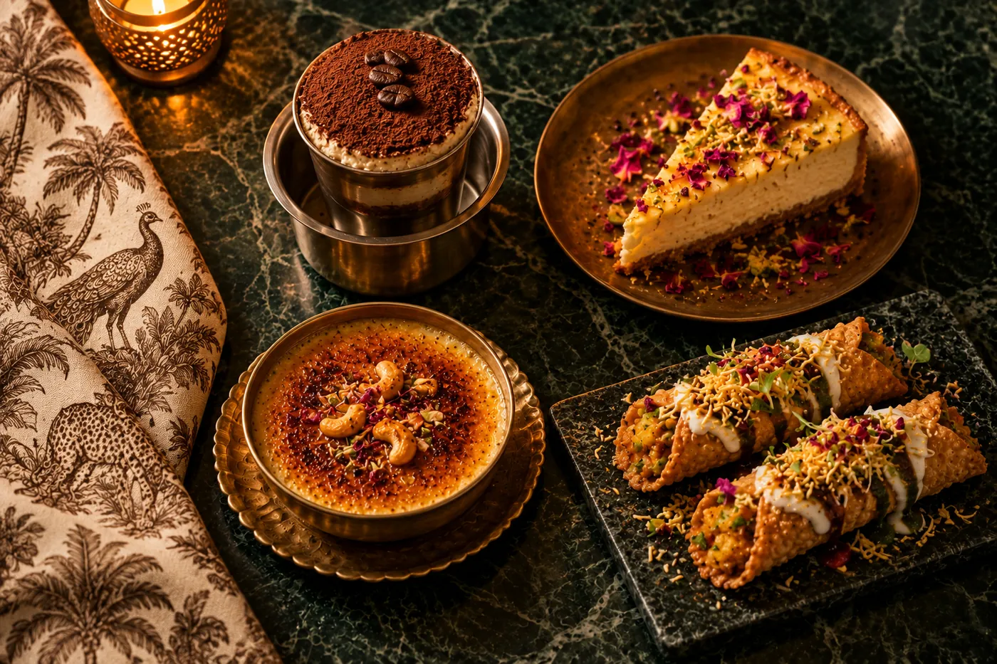 Filter coffee tiramisu and papdi cannoli chaat beside a toile cloth