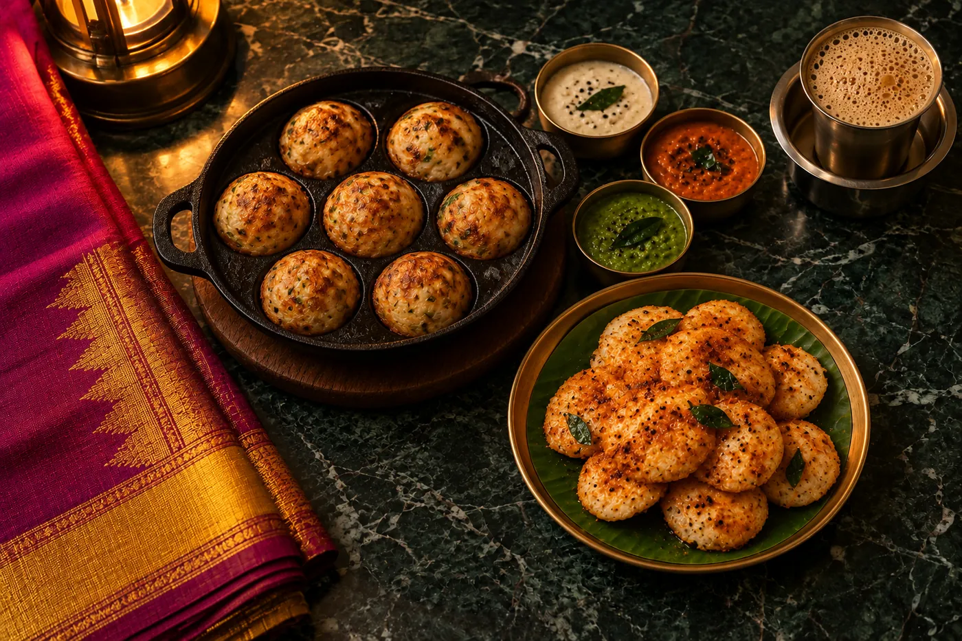 Ghee paddu in a cast-iron pan with podi idlis, three chutneys and filter kaapi beside a Kanchi silk